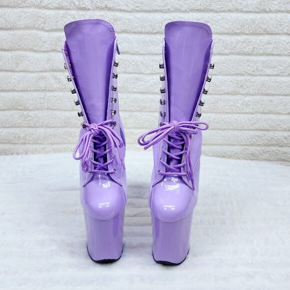 Lavender Lilac Purple Patent Platform 8" Heel Lace Up Ankle Boots Flamingo - Picture 4 of 7